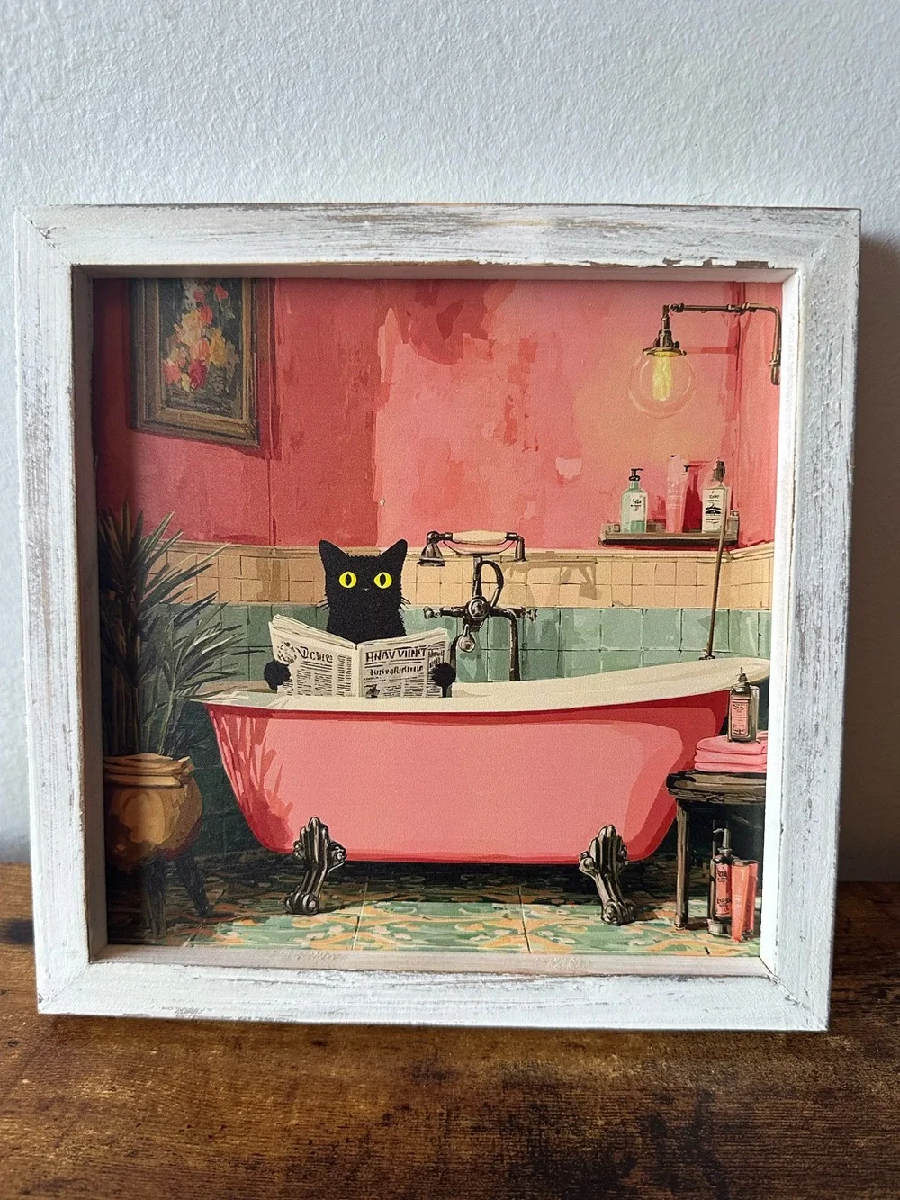 Framed Wooden Cat in Pink Bathtub Cat w/ Newspaper Wall Art Home Bath Decor NWT